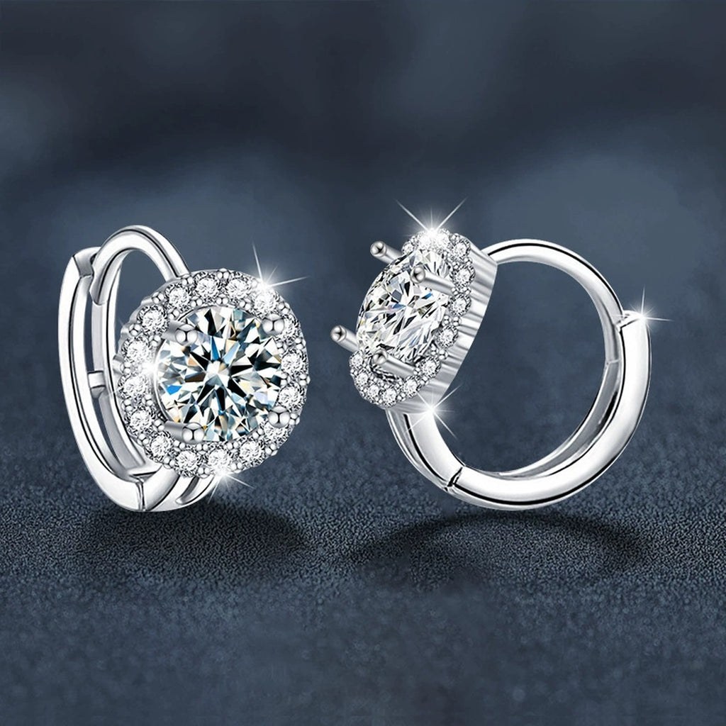 Round Moissanite Halo Huggie Hoop Earrings with CZ in White Gold-Plated S925 sterling silver product scene view showing side profile