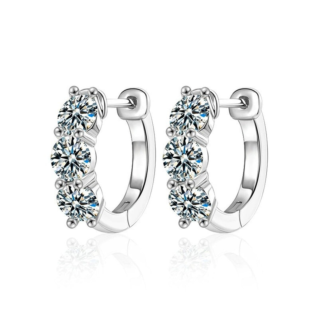 Floral Cluster Round Moissanite Huggie Hoop Earrings in White Gold-Plated S925 sterling silver white background product photo showing the pair, stone shape, and huggie hoop earrings silhouette