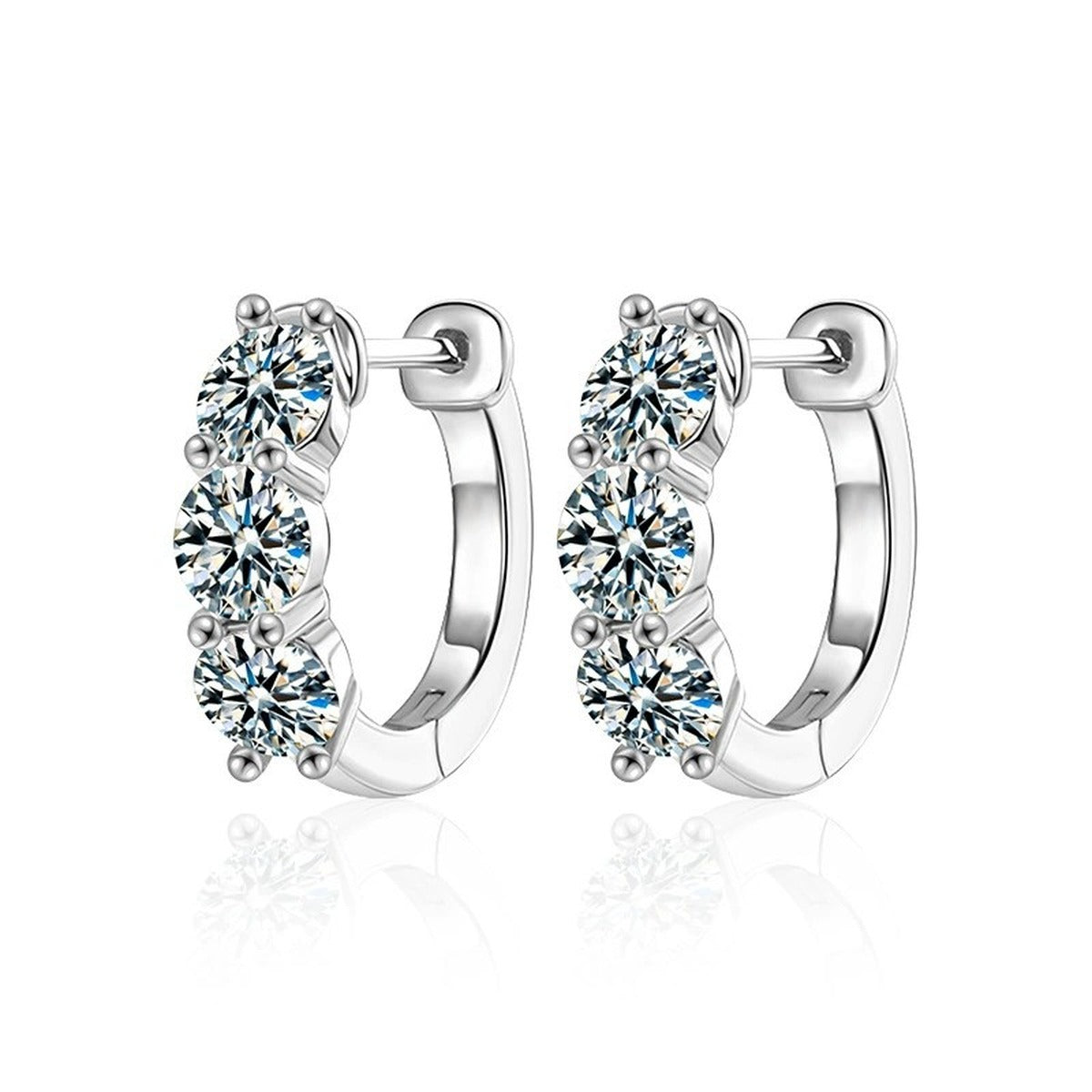 Floral Cluster Round Moissanite Huggie Hoop Earrings in White Gold-Plated S925 sterling silver white background product photo showing the pair, stone shape, and huggie hoop earrings silhouette