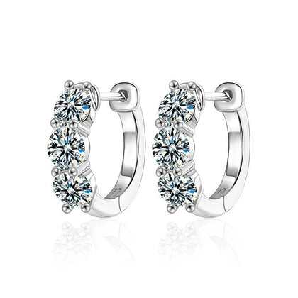 Floral Cluster Round Moissanite Huggie Hoop Earrings in White Gold-Plated S925 sterling silver white background product photo showing the pair, stone shape, and huggie hoop earrings silhouette