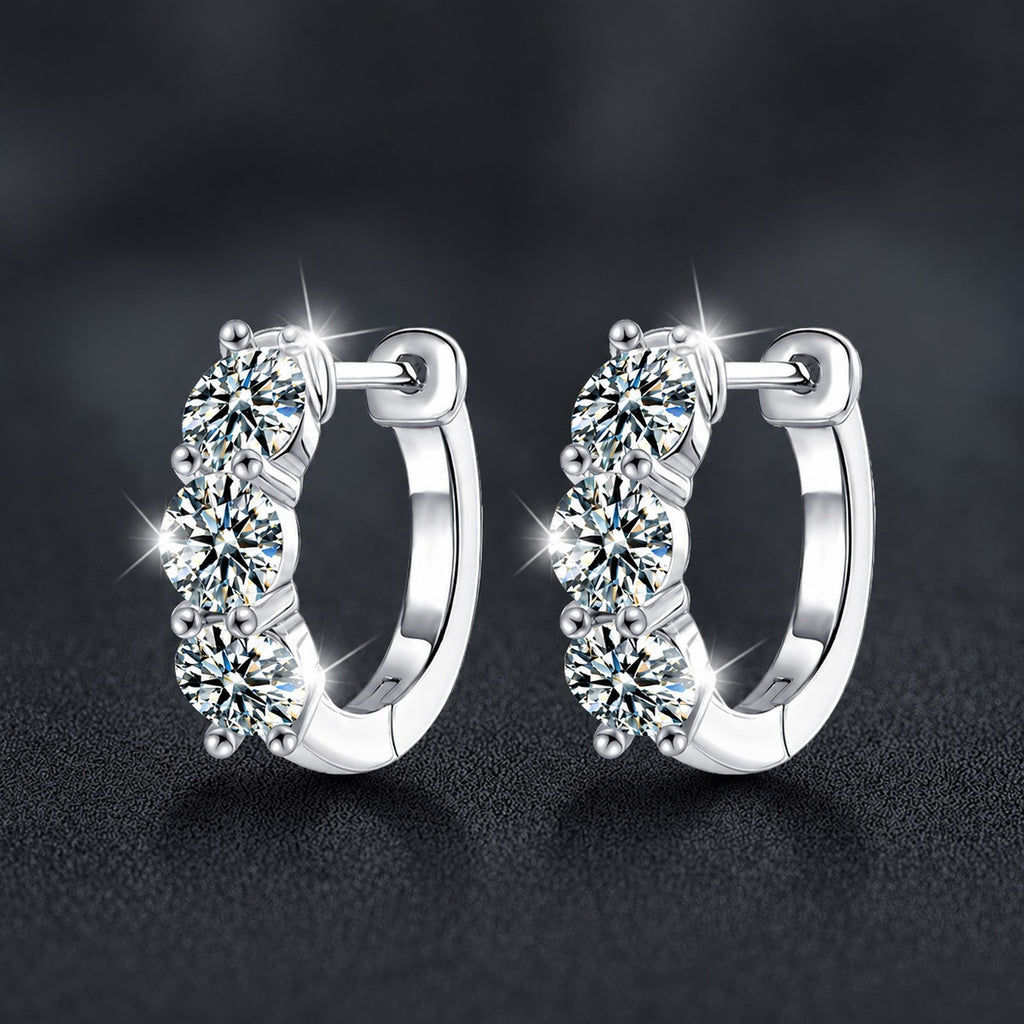 Floral Cluster Round Moissanite Huggie Hoop Earrings in White Gold-Plated S925 sterling silver product scene view showing front sparkle