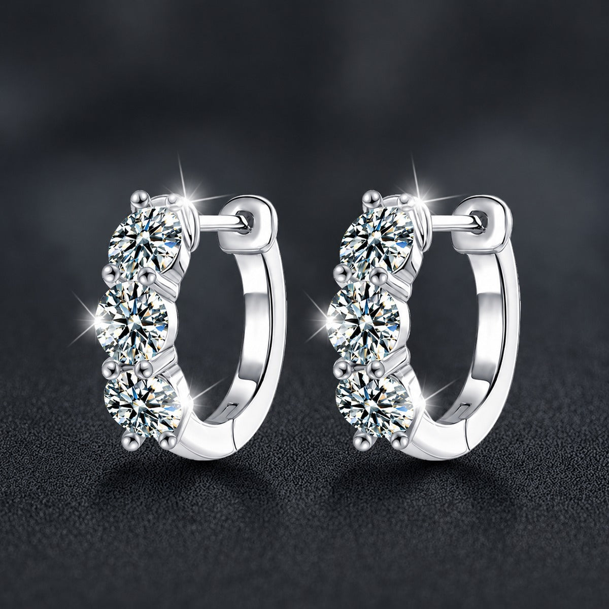 Floral Cluster Round Moissanite Huggie Hoop Earrings in White Gold-Plated S925 sterling silver product scene view showing front sparkle