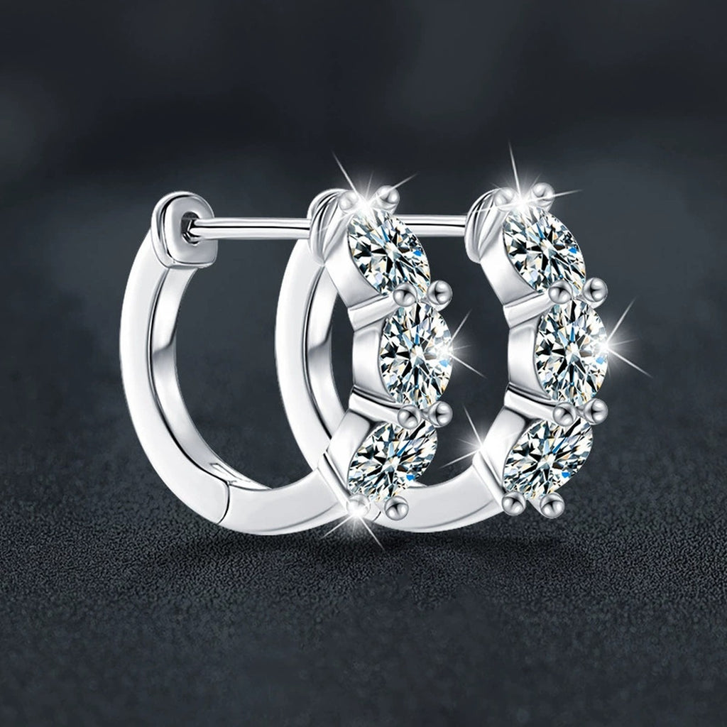 Floral Cluster Round Moissanite Huggie Hoop Earrings in White Gold-Plated S925 sterling silver product scene view showing angled setting detail