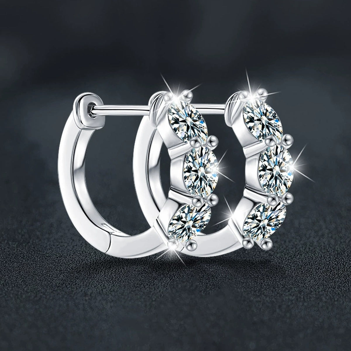 Floral Cluster Round Moissanite Huggie Hoop Earrings in White Gold-Plated S925 sterling silver product scene view showing angled setting detail
