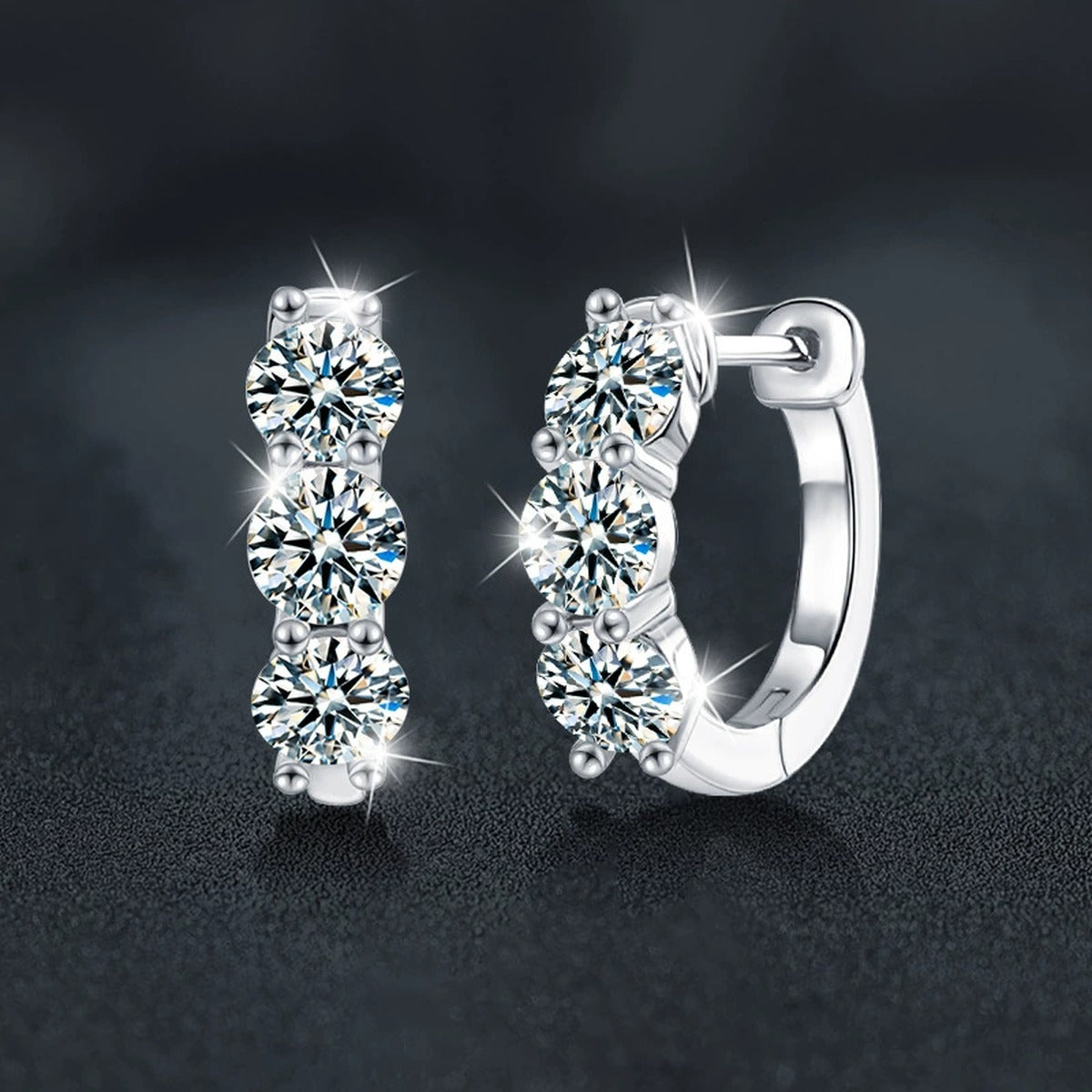 Floral Cluster Round Moissanite Huggie Hoop Earrings in White Gold-Plated S925 sterling silver product scene view showing side profile