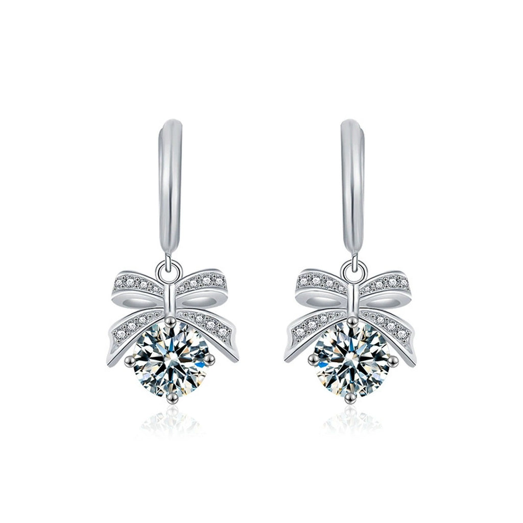 Bowknot Round Moissanite Hoop Dangle Earrings with CZ in White Gold-Plated S925 sterling silver white background product photo showing the pair, stone shape, and hoop dangle earrings silhouette