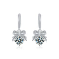 Bowknot Round Moissanite Hoop Dangle Earrings with CZ in White Gold-Plated S925 sterling silver white background product photo showing the pair, stone shape, and hoop dangle earrings silhouette
