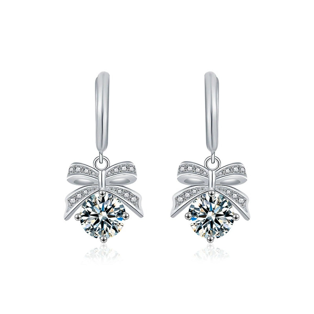 Bowknot Round Moissanite Hoop Dangle Earrings with CZ in White Gold-Plated S925 sterling silver white background product photo showing the pair, stone shape, and hoop dangle earrings silhouette