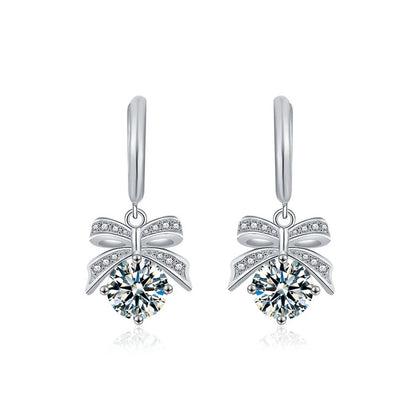 Bowknot Round Moissanite Hoop Dangle Earrings with CZ in White Gold-Plated S925 sterling silver white background product photo showing the pair, stone shape, and hoop dangle earrings silhouette