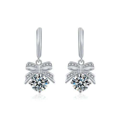 Bowknot Round Moissanite Hoop Dangle Earrings with CZ in White Gold-Plated S925 sterling silver white background product photo showing the pair, stone shape, and hoop dangle earrings silhouette