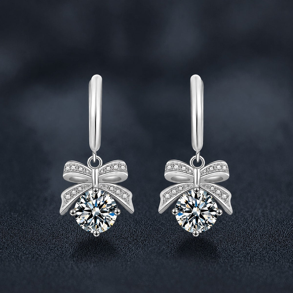 Bowknot Round Moissanite Hoop Dangle Earrings with CZ in White Gold-Plated S925 sterling silver product scene view showing front sparkle
