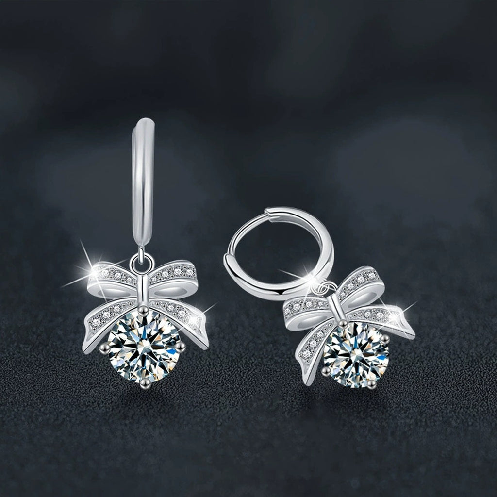 Bowknot Round Moissanite Hoop Dangle Earrings with CZ in White Gold-Plated S925 sterling silver product scene view showing side profile