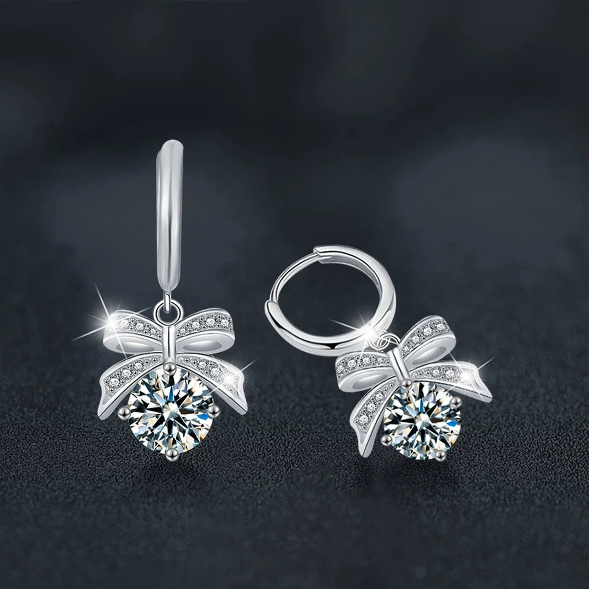 Bowknot Round Moissanite Hoop Dangle Earrings with CZ in White Gold-Plated S925 sterling silver product scene view showing side profile