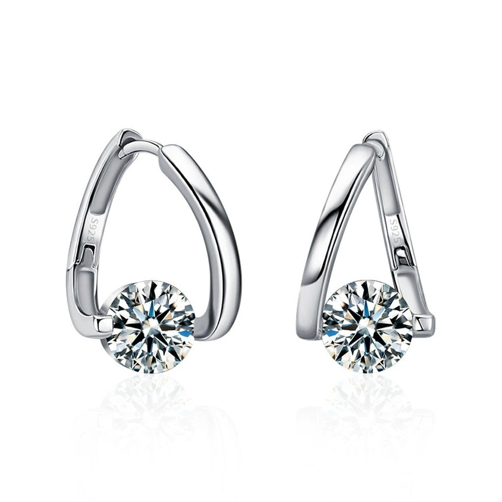 Round Moissanite Huggie Hoop Earrings in White Gold-Plated S925 sterling silver white background product photo showing the pair, stone shape, and huggie hoop earrings silhouette