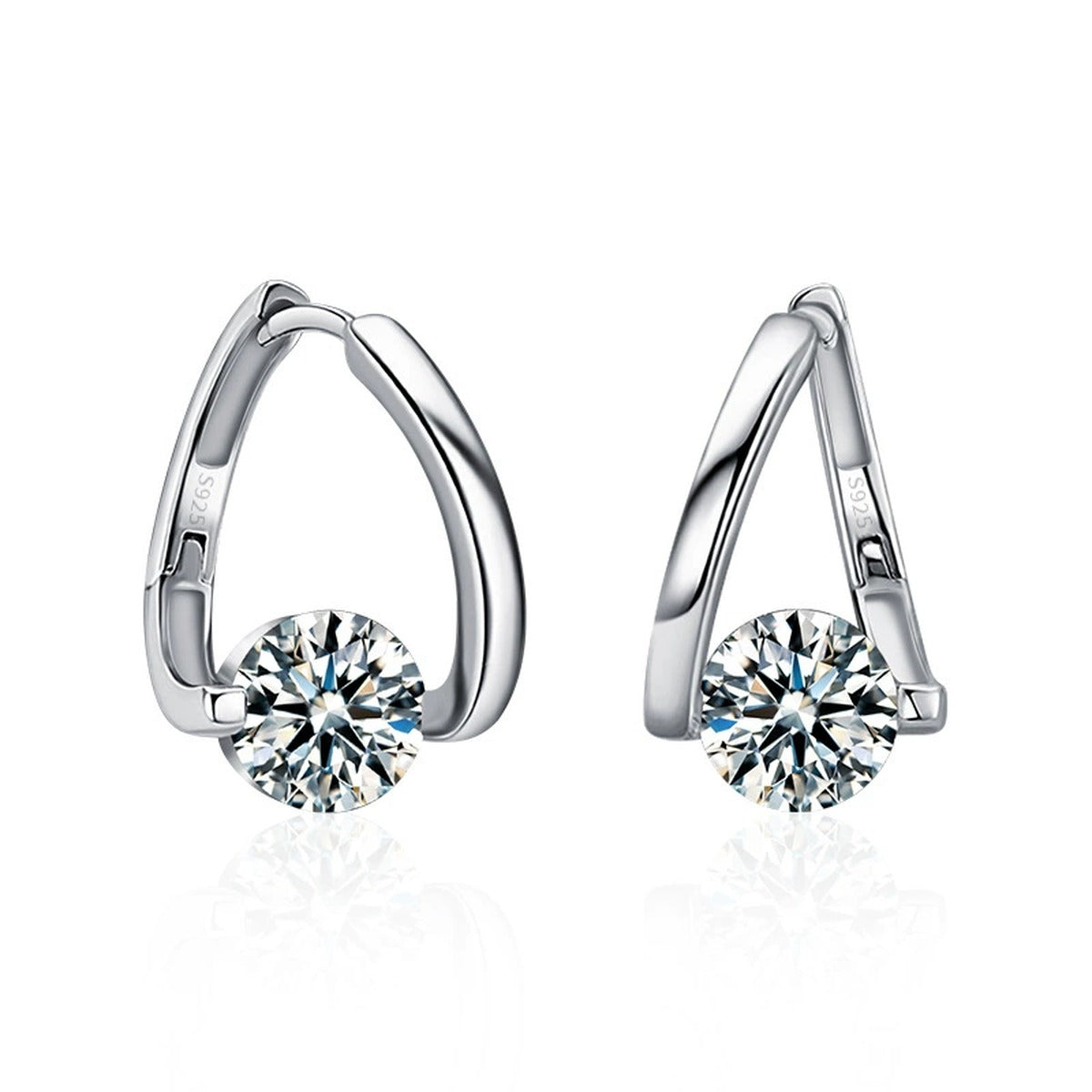Round Moissanite Huggie Hoop Earrings in White Gold-Plated S925 sterling silver white background product photo showing the pair, stone shape, and huggie hoop earrings silhouette