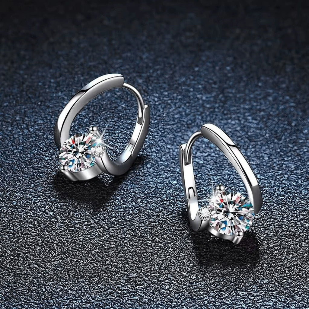 Round Moissanite Huggie Hoop Earrings in White Gold-Plated S925 sterling silver product scene view showing front sparkle
