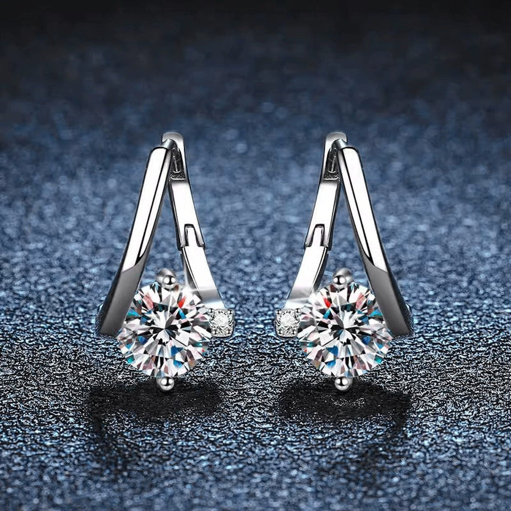 Round Moissanite Huggie Hoop Earrings in White Gold-Plated S925 sterling silver product scene view showing angled setting detail