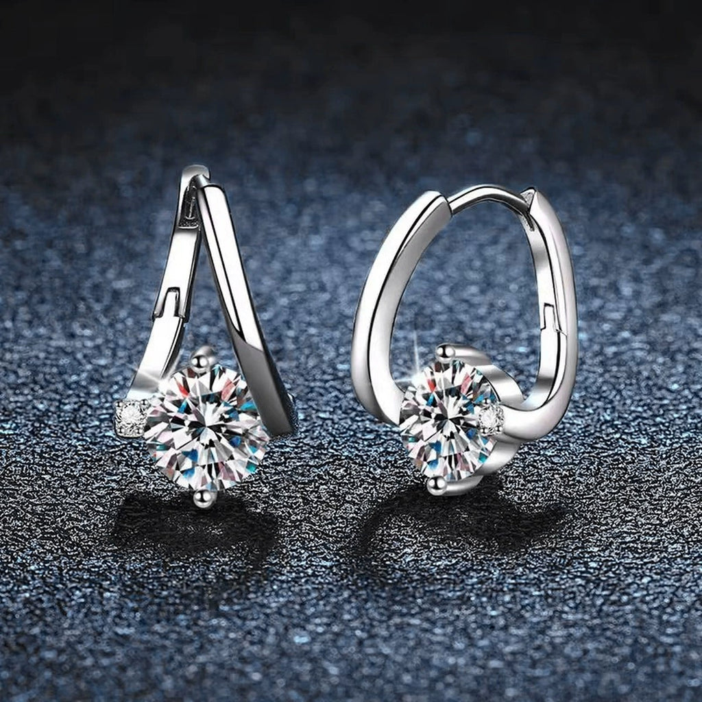 Round Moissanite Huggie Hoop Earrings in White Gold-Plated S925 sterling silver product scene view showing side profile