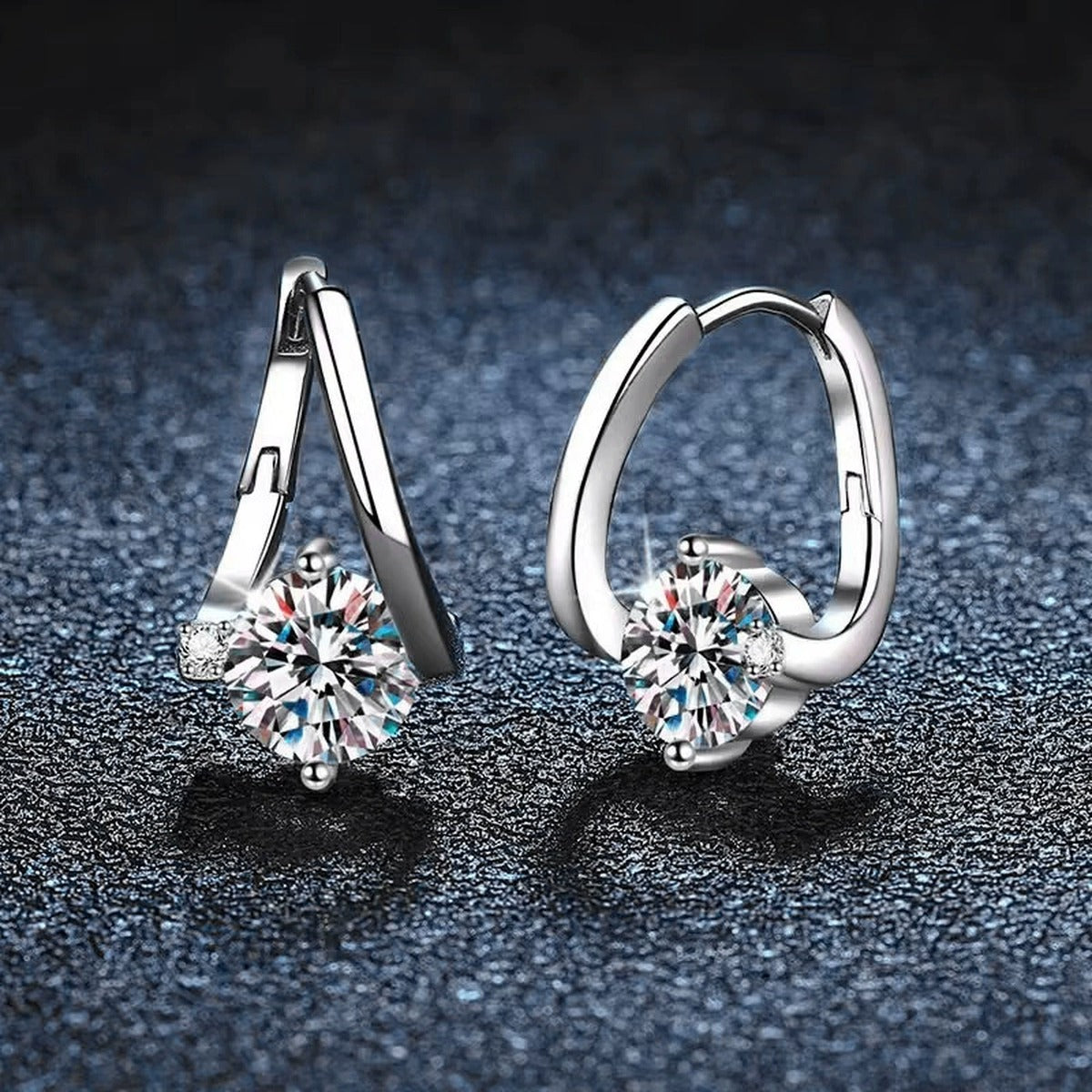 Round Moissanite Huggie Hoop Earrings in White Gold-Plated S925 sterling silver product scene view showing side profile