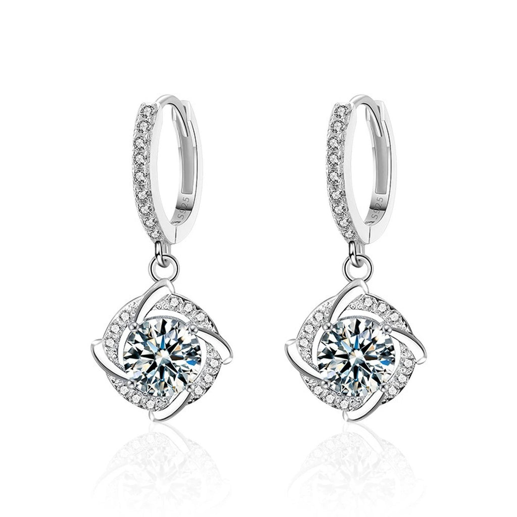 Cushion Halo Round Moissanite Hoop Dangle Earrings with CZ in White Gold-Plated S925 sterling silver white background product photo showing the pair, stone shape, and hoop dangle earrings silhouette