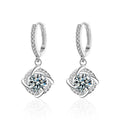 Cushion Halo Round Moissanite Hoop Dangle Earrings with CZ in White Gold-Plated S925 sterling silver white background product photo showing the pair, stone shape, and hoop dangle earrings silhouette