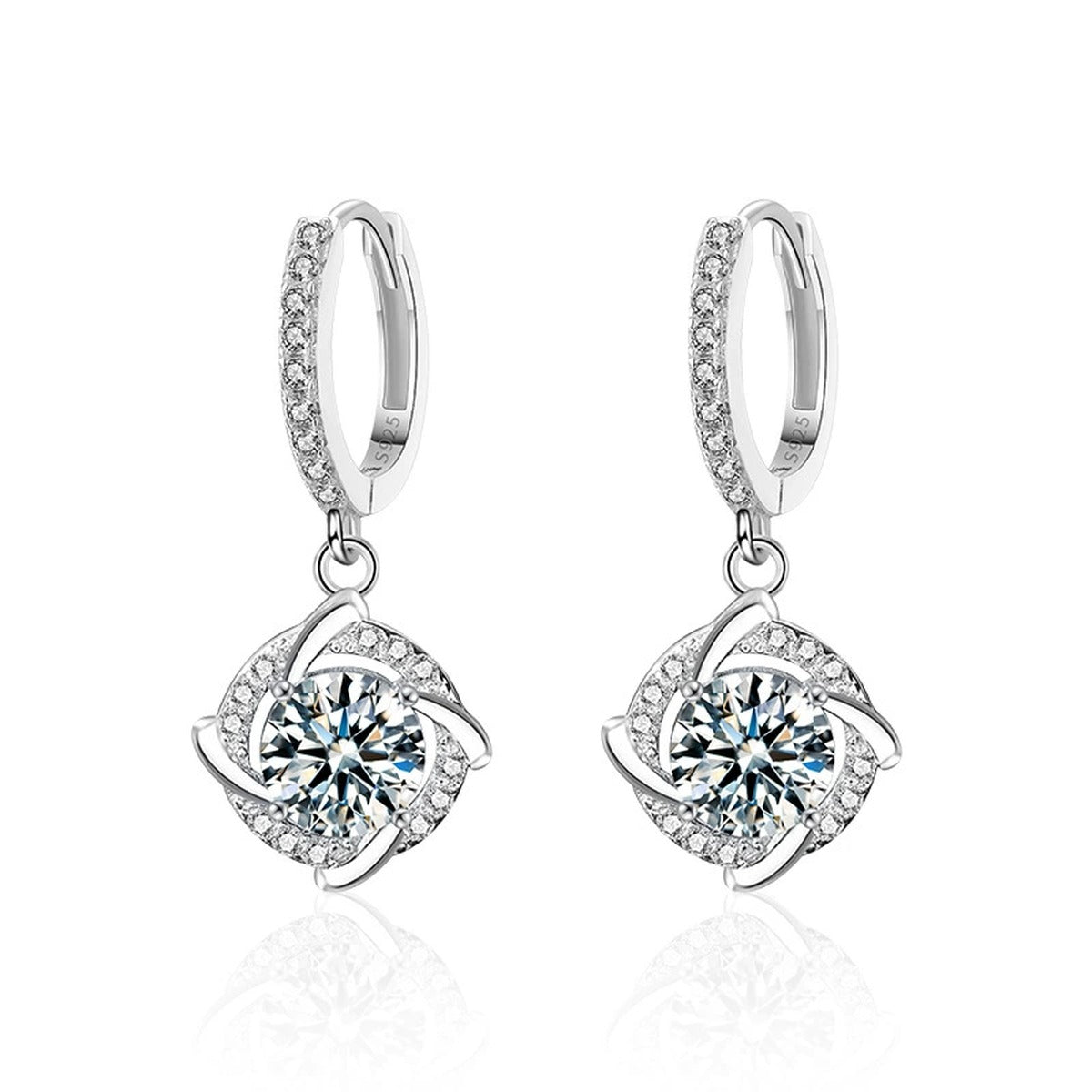 Cushion Halo Round Moissanite Hoop Dangle Earrings with CZ in White Gold-Plated S925 sterling silver white background product photo showing the pair, stone shape, and hoop dangle earrings silhouette
