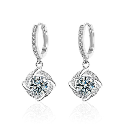 Cushion Halo Round Moissanite Hoop Dangle Earrings with CZ in White Gold-Plated S925 sterling silver white background product photo showing the pair, stone shape, and hoop dangle earrings silhouette