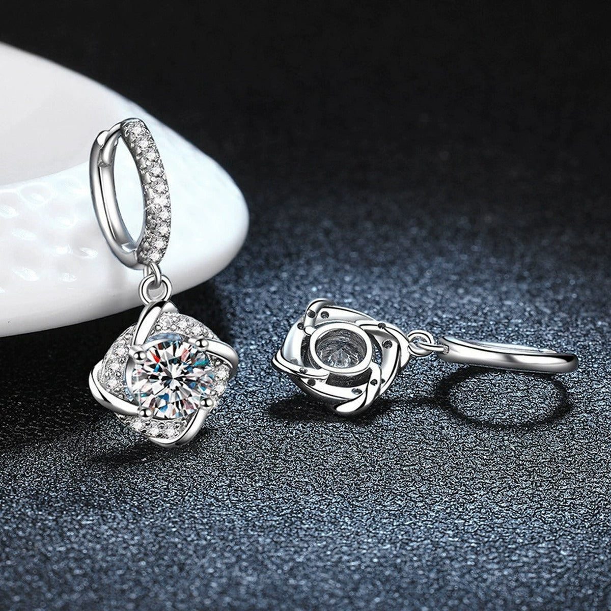Cushion Halo Round Moissanite Hoop Dangle Earrings with CZ in White Gold-Plated S925 sterling silver product scene view showing front sparkle