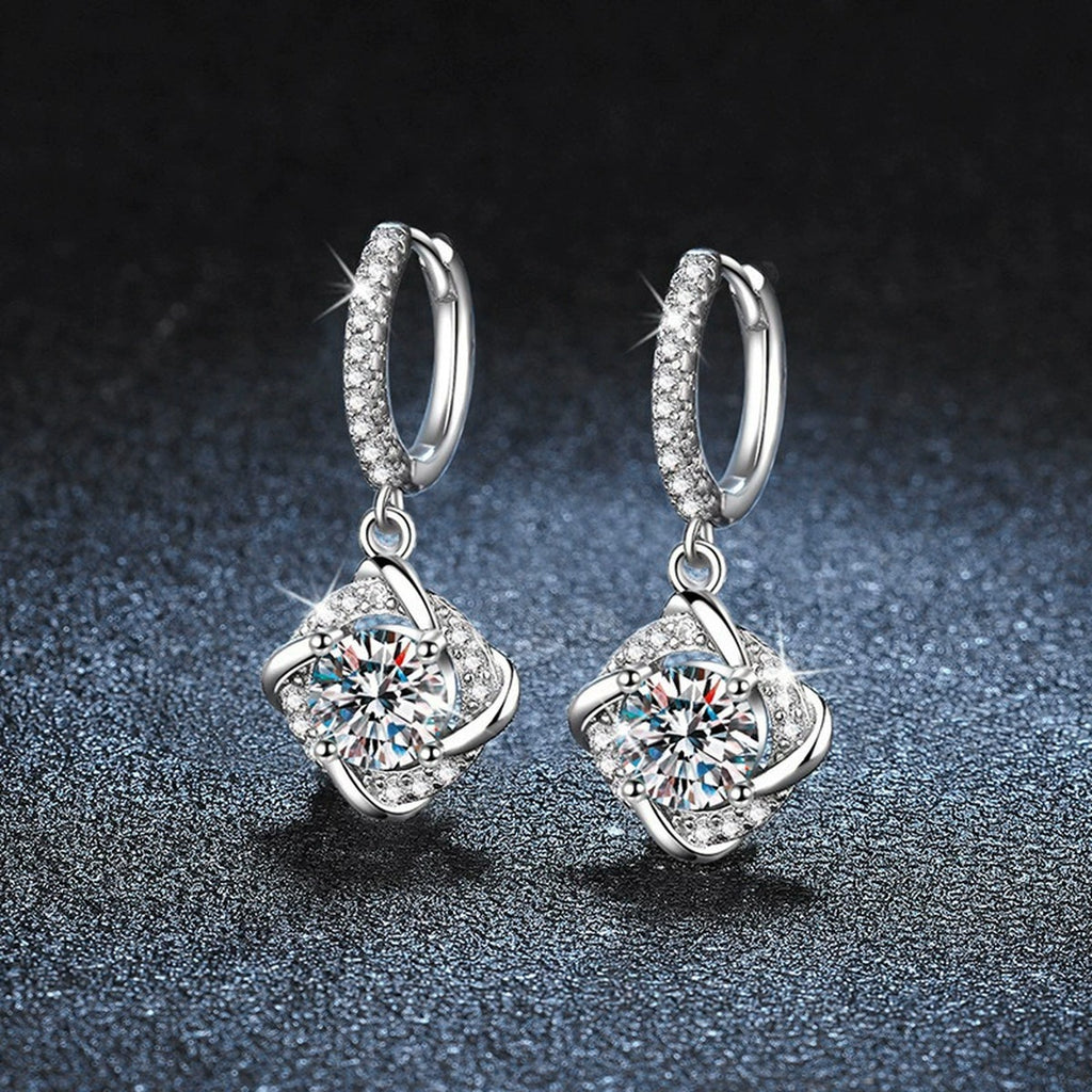 Cushion Halo Round Moissanite Hoop Dangle Earrings with CZ in White Gold-Plated S925 sterling silver product scene view showing angled setting detail