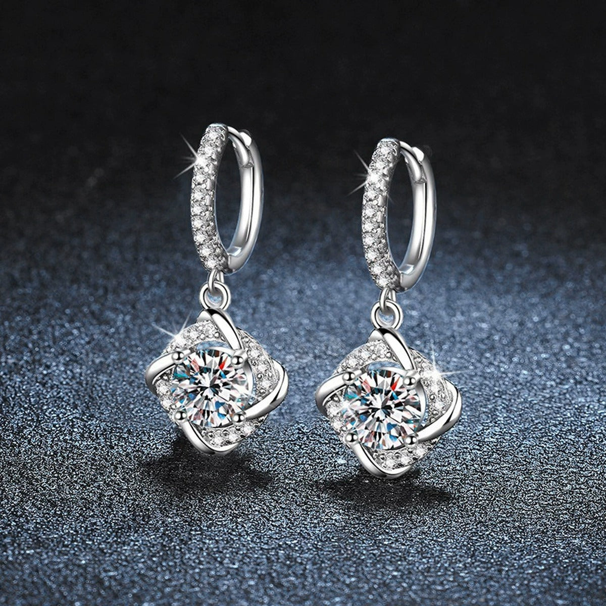 Cushion Halo Round Moissanite Hoop Dangle Earrings with CZ in White Gold-Plated S925 sterling silver product scene view showing angled setting detail