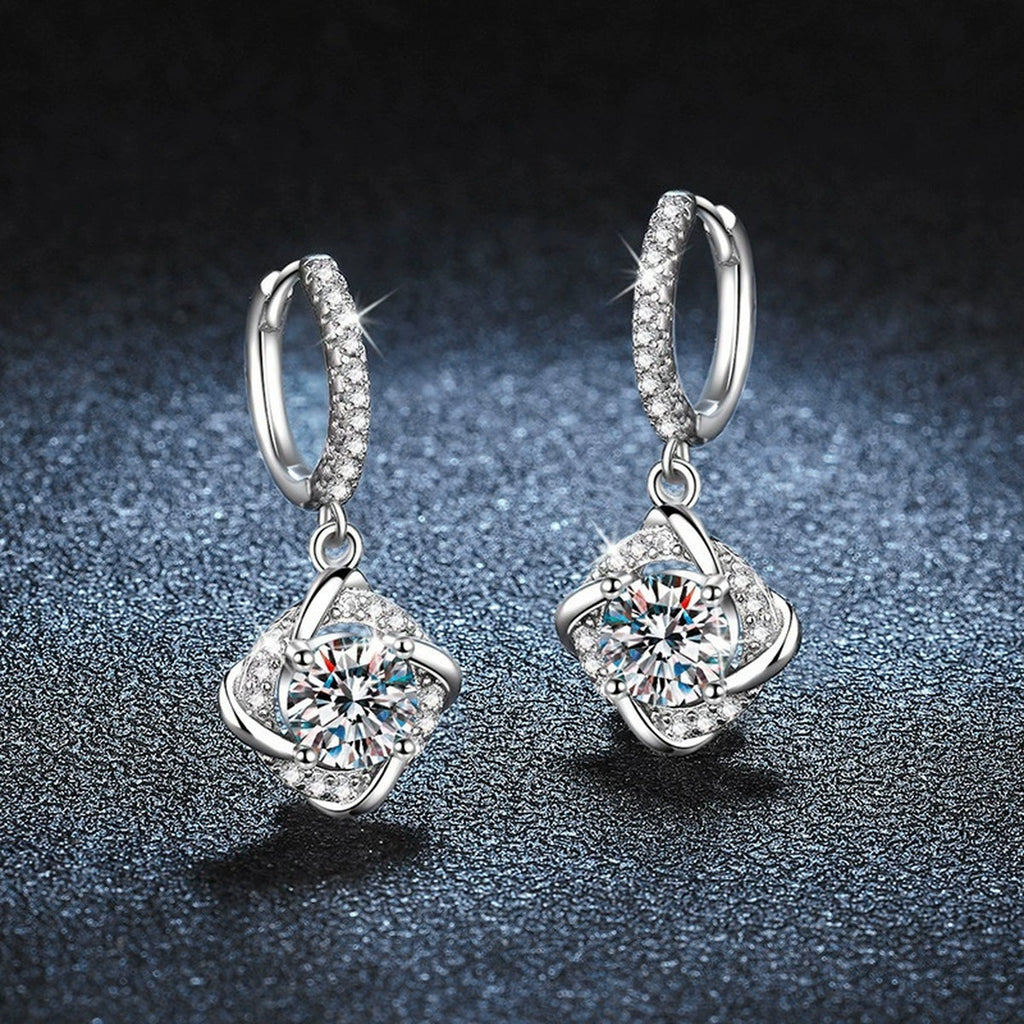Cushion Halo Round Moissanite Hoop Dangle Earrings with CZ in White Gold-Plated S925 sterling silver product scene view showing side profile