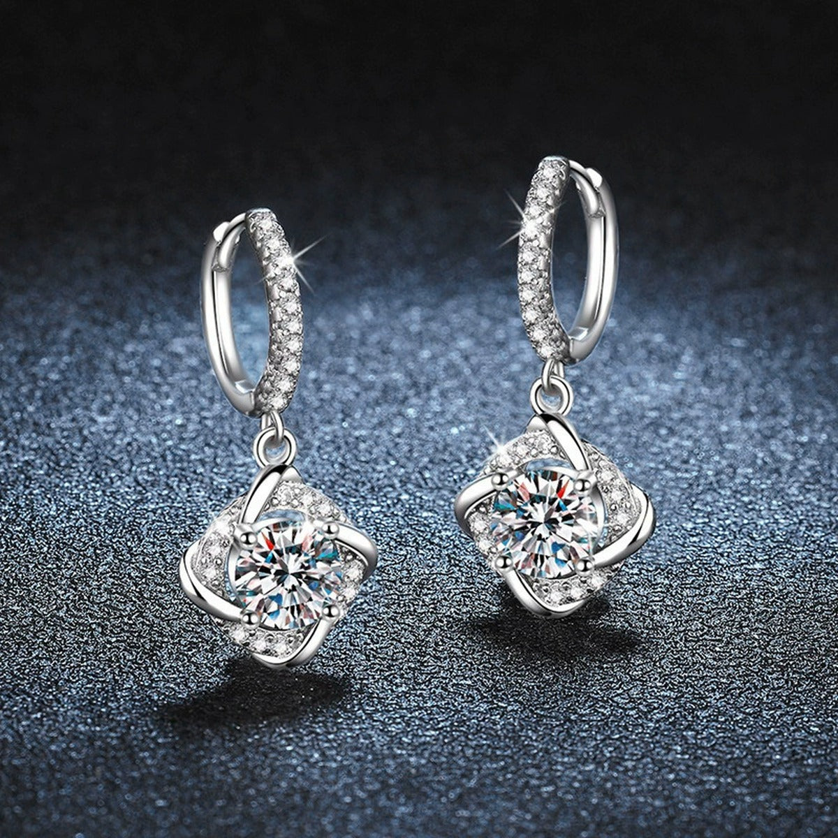 Cushion Halo Round Moissanite Hoop Dangle Earrings with CZ in White Gold-Plated S925 sterling silver product scene view showing side profile