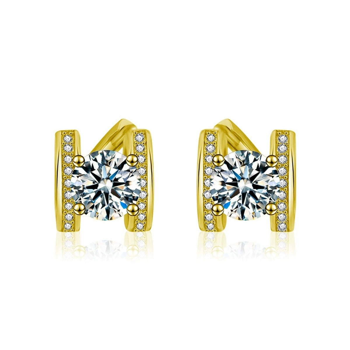 Bowknot Round Moissanite Huggie Hoop Earrings with CZ in Gold-Plated S925 sterling silver white background product photo showing the pair, stone shape, and huggie hoop earrings silhouette