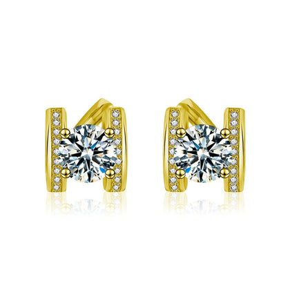 Bowknot Round Moissanite Huggie Hoop Earrings with CZ in Gold-Plated S925 sterling silver white background product photo showing the pair, stone shape, and huggie hoop earrings silhouette