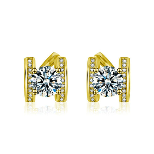 Bowknot Round Moissanite Huggie Hoop Earrings with CZ in Gold-Plated S925 sterling silver white background product photo showing the pair, stone shape, and huggie hoop earrings silhouette