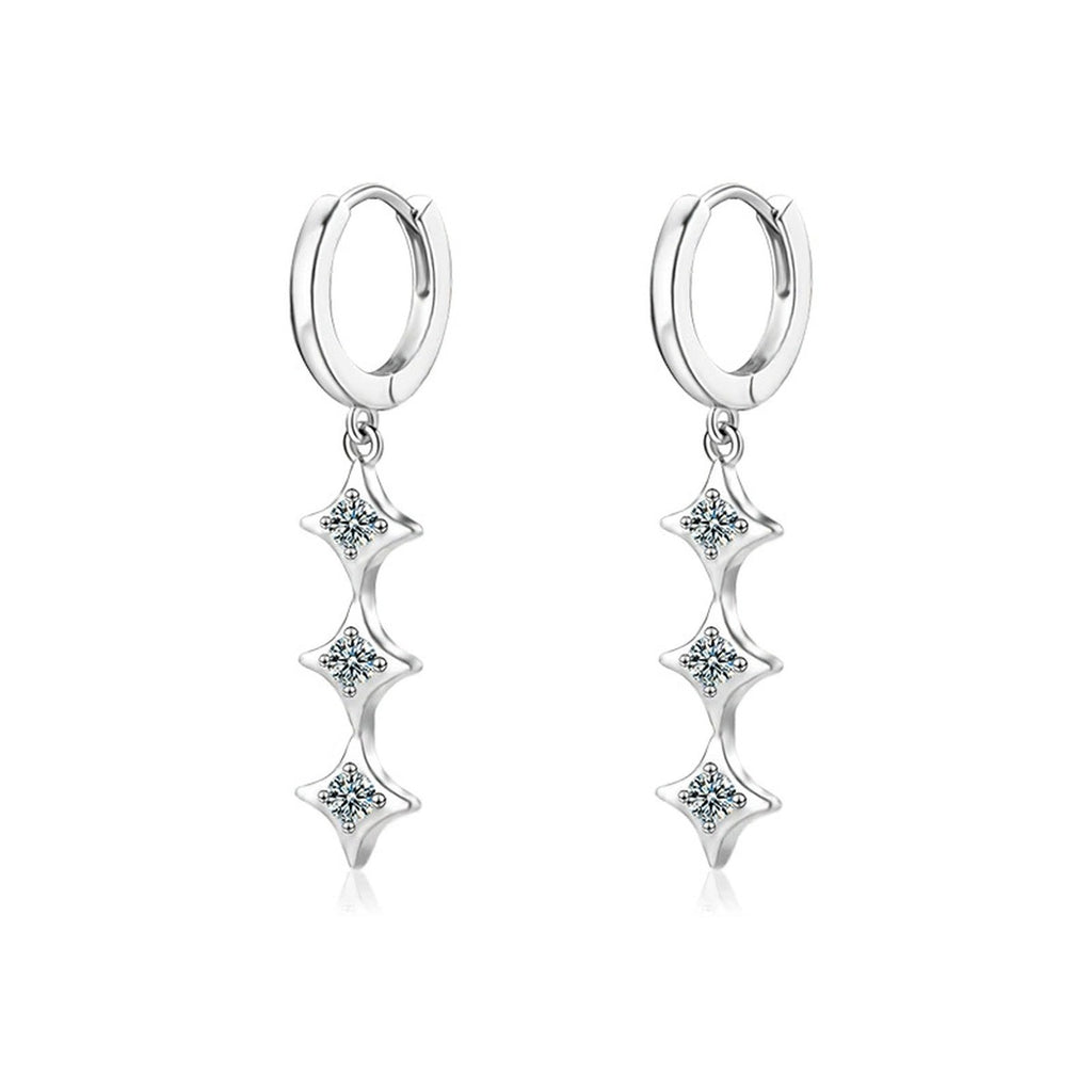 Star Moissanite Hoop Dangle Earrings in White Gold-Plated S925 sterling silver white background product photo showing the pair, stone shape, and hoop dangle earrings silhouette