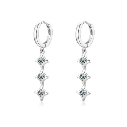 Star Moissanite Hoop Dangle Earrings in White Gold-Plated S925 sterling silver white background product photo showing the pair, stone shape, and hoop dangle earrings silhouette