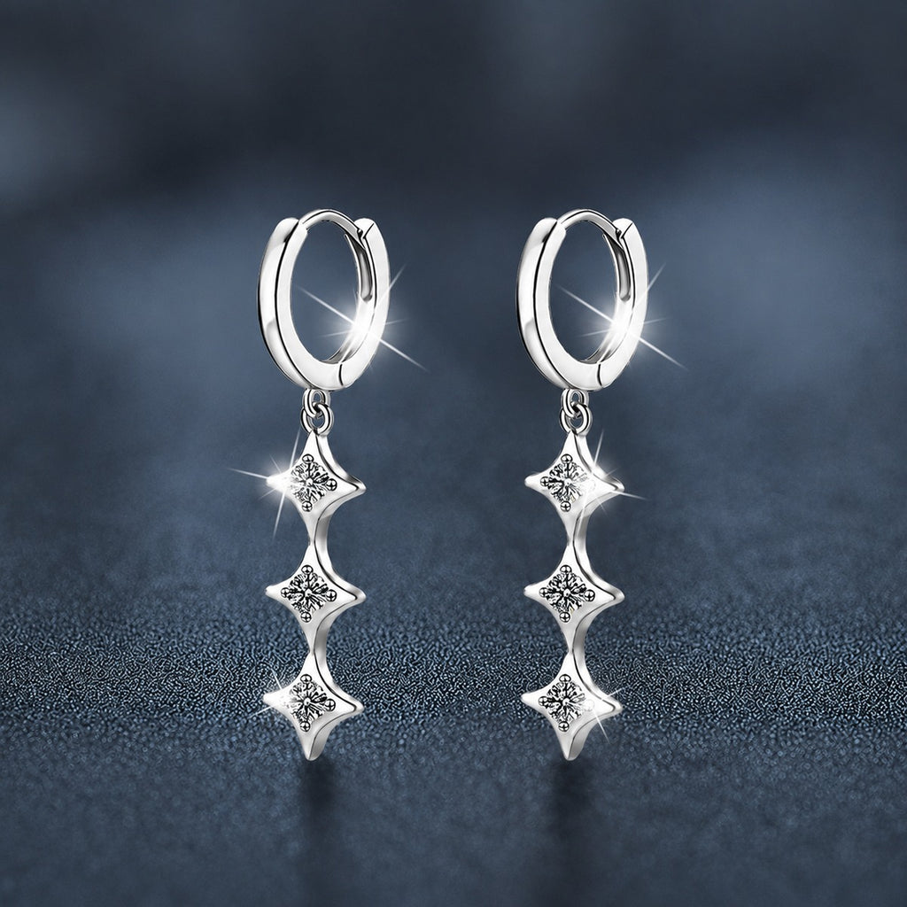 Star Moissanite Hoop Dangle Earrings in White Gold-Plated S925 sterling silver product scene view showing front sparkle