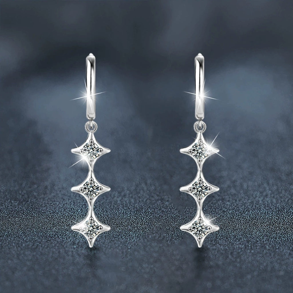 Star Moissanite Hoop Dangle Earrings in White Gold-Plated S925 sterling silver product scene view showing angled setting detail