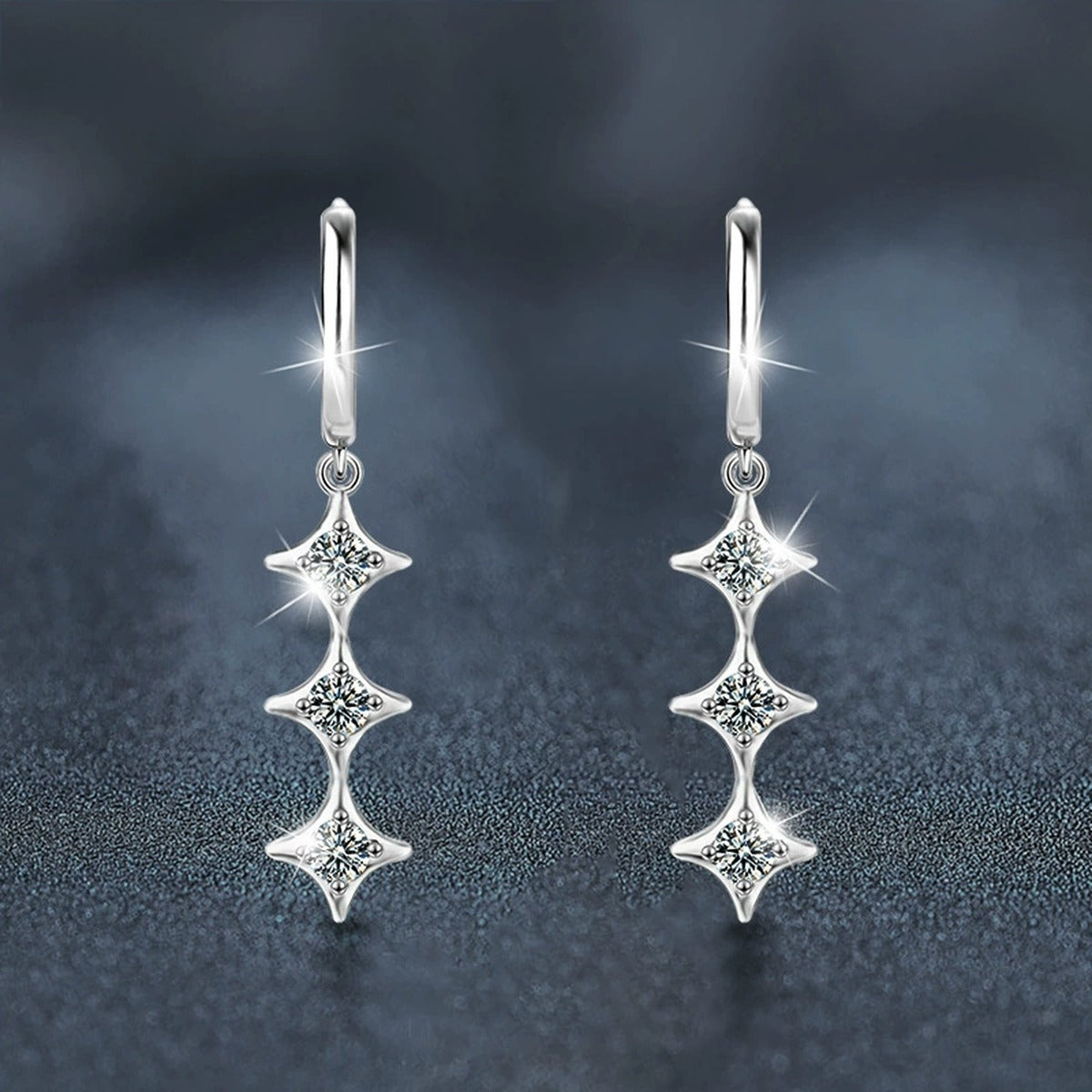 Star Moissanite Hoop Dangle Earrings in White Gold-Plated S925 sterling silver product scene view showing angled setting detail