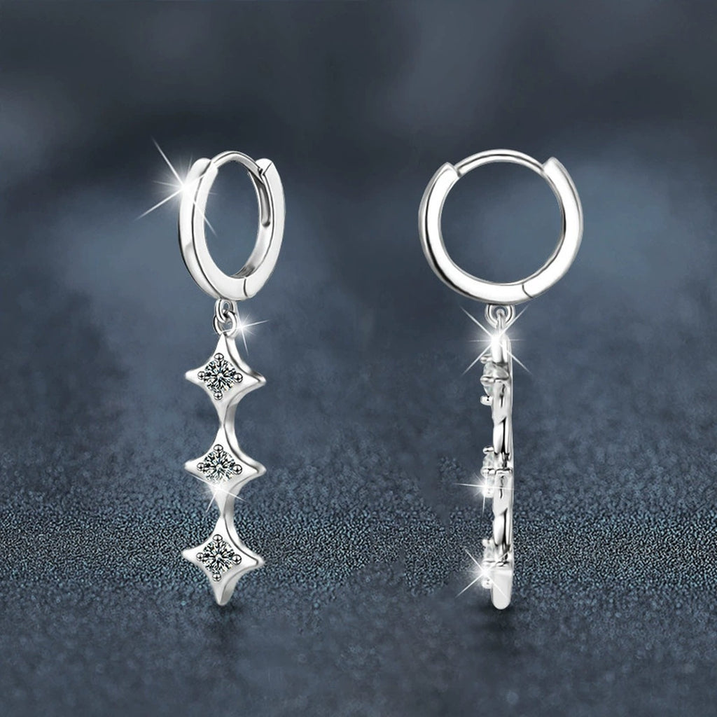 Star Moissanite Hoop Dangle Earrings in White Gold-Plated S925 sterling silver product scene view showing side profile