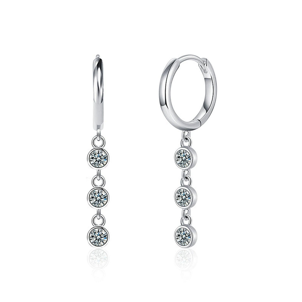 Graduated Round Moissanite Bead Hoop Dangle Earrings in White Gold-Plated S925 sterling silver white background product photo showing the pair, stone shape, and hoop dangle earrings silhouette