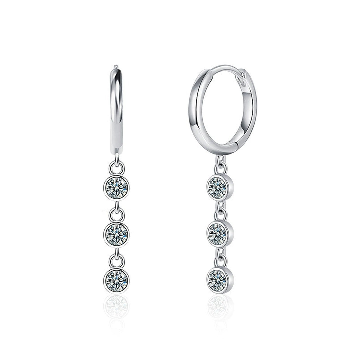 Graduated Round Moissanite Bead Hoop Dangle Earrings in White Gold-Plated S925 sterling silver white background product photo showing the pair, stone shape, and hoop dangle earrings silhouette