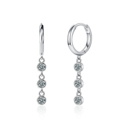 Graduated Round Moissanite Bead Hoop Dangle Earrings in White Gold-Plated S925 sterling silver white background product photo showing the pair, stone shape, and hoop dangle earrings silhouette