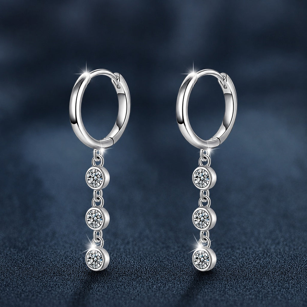 Graduated Round Moissanite Bead Hoop Dangle Earrings in White Gold-Plated S925 sterling silver product scene view showing front sparkle