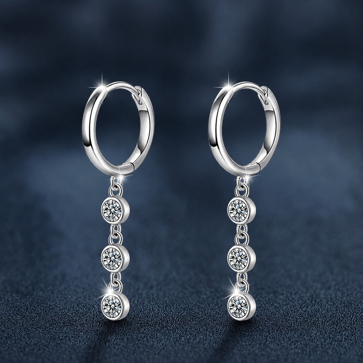 Graduated Round Moissanite Bead Hoop Dangle Earrings in White Gold-Plated S925 sterling silver product scene view showing front sparkle