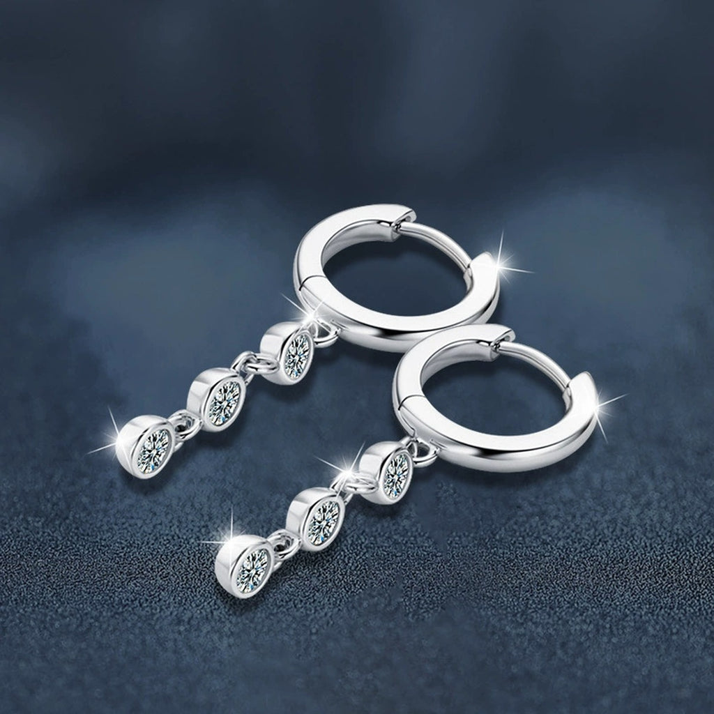 Graduated Round Moissanite Bead Hoop Dangle Earrings in White Gold-Plated S925 sterling silver product scene view showing angled setting detail