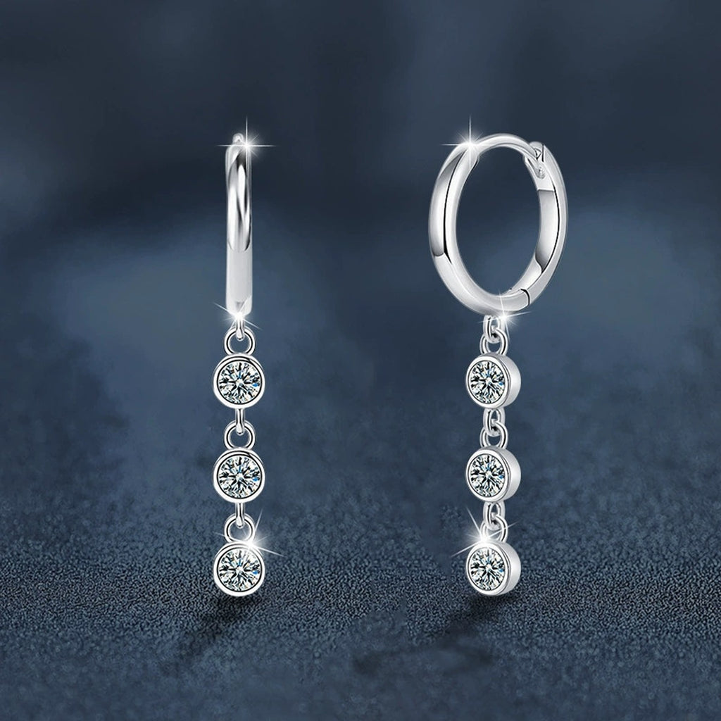 Graduated Round Moissanite Bead Hoop Dangle Earrings in White Gold-Plated S925 sterling silver product scene view showing side profile