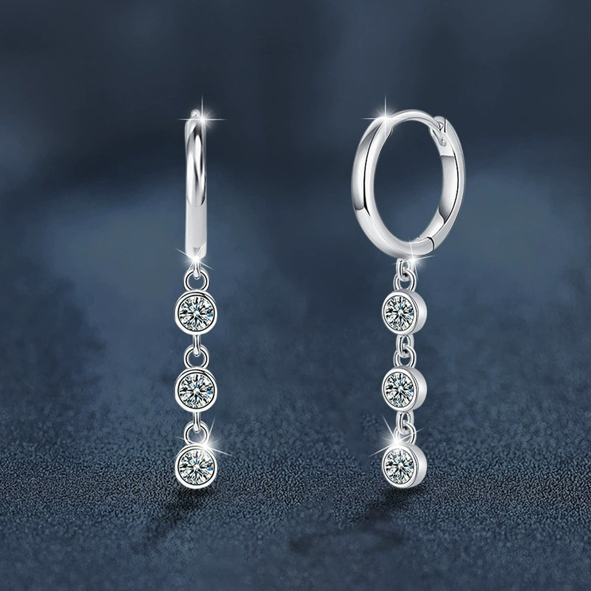 Graduated Round Moissanite Bead Hoop Dangle Earrings in White Gold-Plated S925 sterling silver product scene view showing side profile