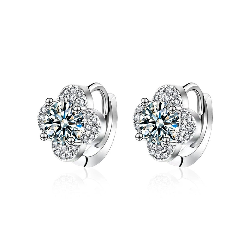 Four-Leaf Clover Round Moissanite Huggie Hoop Earrings with CZ in White Gold-Plated S925 sterling silver white background product photo showing the pair, stone shape, and huggie hoop earrings silhouette